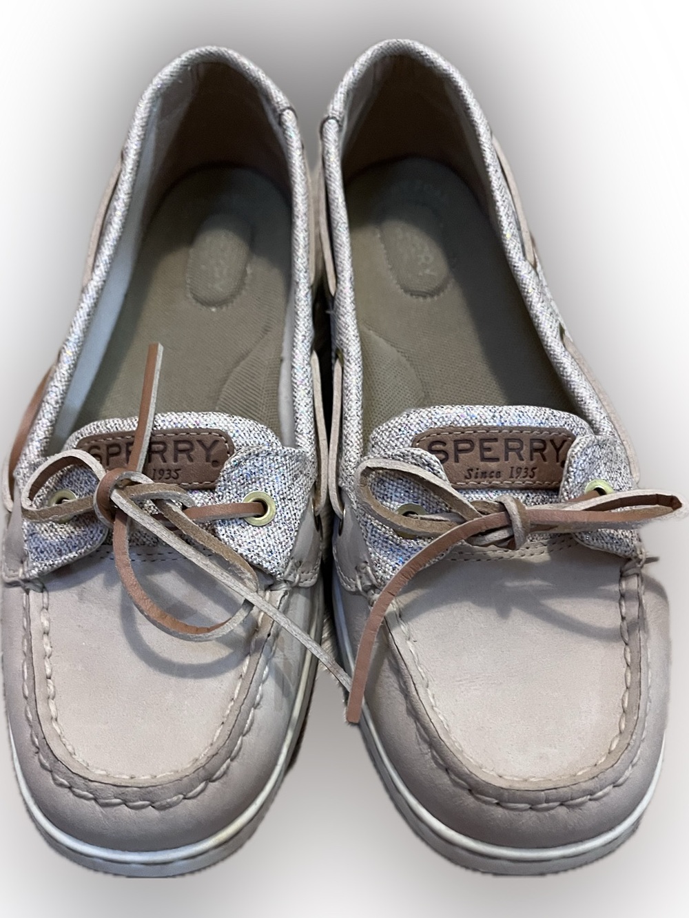 Sperry Beige Tan Slip-On Shoes Glitter Accent Size 8.5